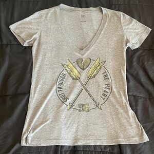 Vintage DC Gray V-Neck Tee with Gold and Black Design